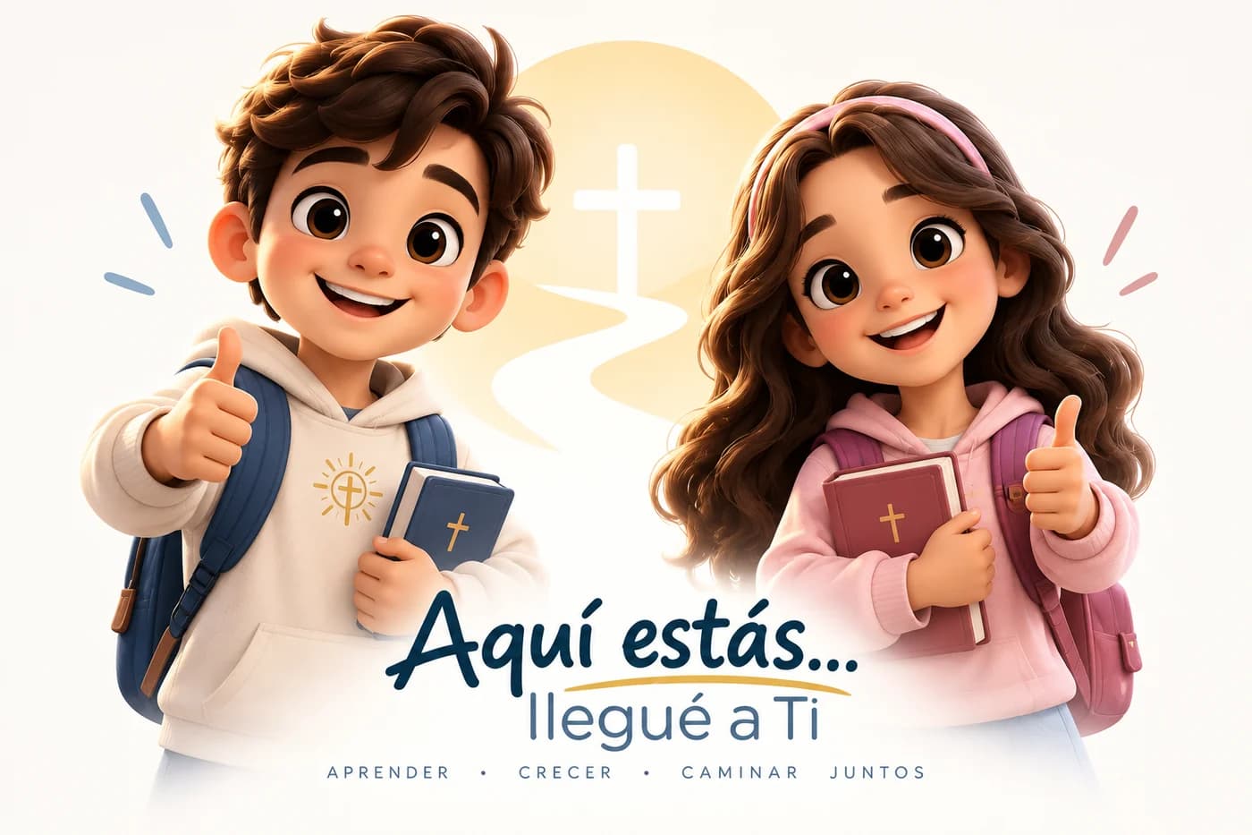 Un niño y una niña sonríen con el pulgar arriba y su Biblia. Aquí estás… llegué a Ti. Aprender, crecer, caminar juntos.